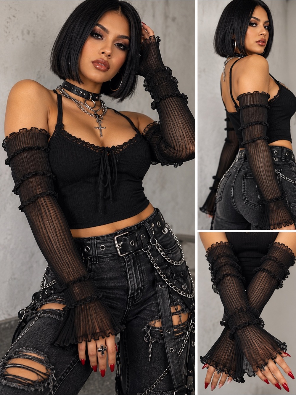 Women's Black Ruffled Mesh Arm Warmers